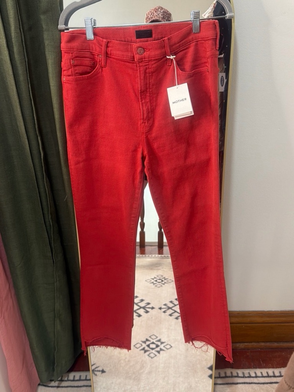 MOTHER Red Cropped Frayed-Hem Jeans